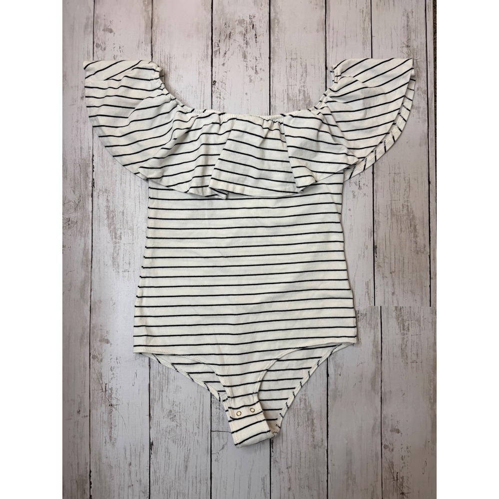 J.Crew Women Ivory Navy Striped Ruffle Off-The-Shoulder Bodysuit Size Small